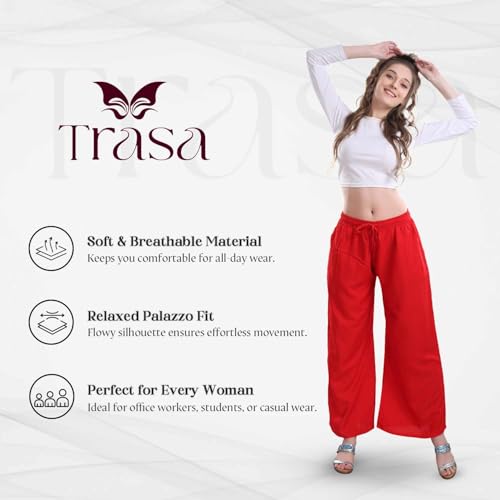 TRASA Womens & Girls Ultra Soft Reyon Cotton Regular And Plus 7 Colour Mid Rise Palazzo - Red - L - Image 2