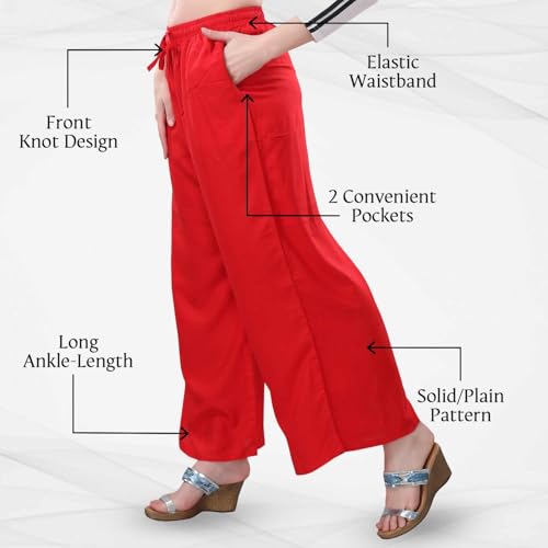TRASA Womens & Girls Ultra Soft Reyon Cotton Regular And Plus 7 Colour Mid Rise Palazzo - Red - L - Image 3