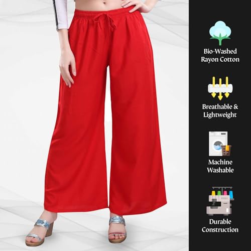 TRASA Womens & Girls Ultra Soft Reyon Cotton Regular And Plus 7 Colour Mid Rise Palazzo - Red - L - Image 4