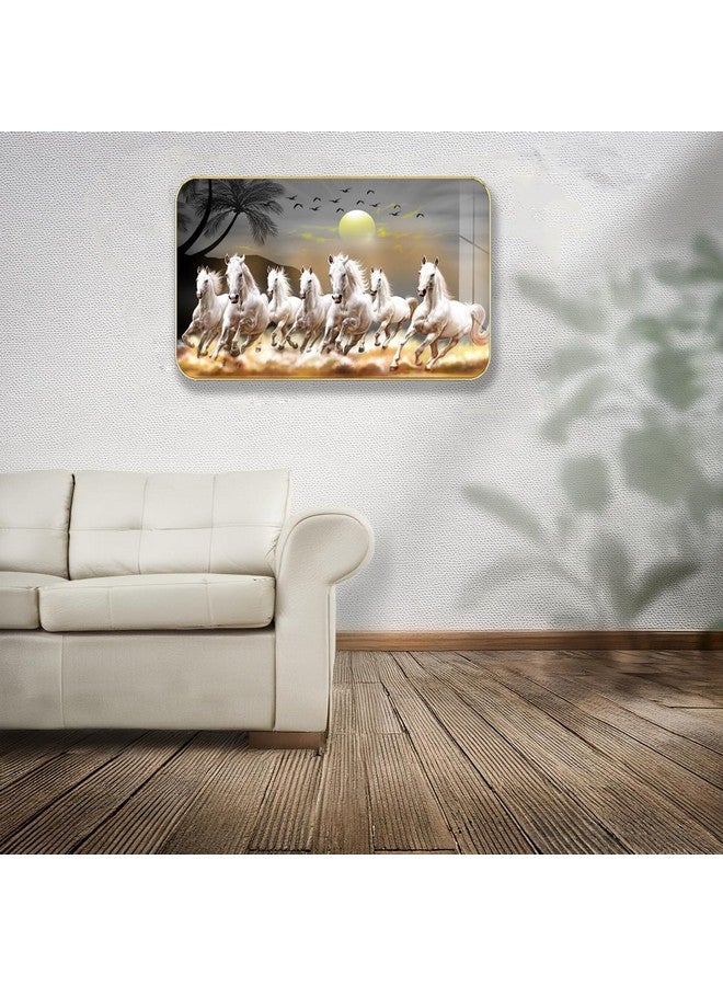 Masstone Lucky Seven Running Horses Premium Crystal High Glossy Surface with Golden Slim Frame, 45x30 cm - Wall Art for Living Room, Bedroom and Office Décor - Image 2