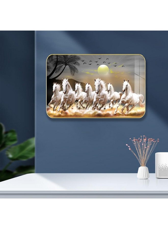 Masstone Lucky Seven Running Horses Premium Crystal High Glossy Surface with Golden Slim Frame, 45x30 cm - Wall Art for Living Room, Bedroom and Office Décor - Image 4