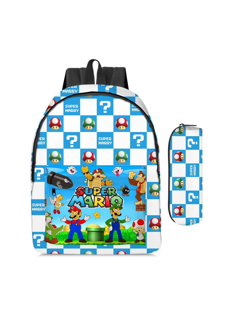 Super Mario Mario Cartoon Backpack Super Mario Student Schoolbag Pencil Case Two-piece Set Blue - Image 1