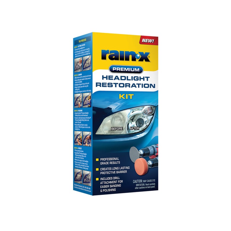 RainX 610153 Headlight Restoration Kit Car Light Lens CleanerRestorer with Sanding Polishing Drill Attachments Sealant Wipe Removes Scratches Oxidation All in 1 Long Lasting Formula