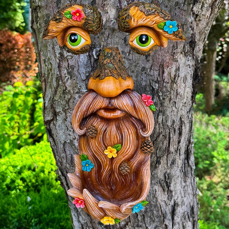 Mood Lab Tree Face Decor - Outdoor Bird Feeder - Old Man Face Decoration with Flowers - Tree Garden Hugger - Yard Art Statues - Image 1