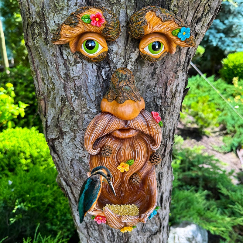 Mood Lab Tree Face Decor - Outdoor Bird Feeder - Old Man Face Decoration with Flowers - Tree Garden Hugger - Yard Art Statues - Image 2