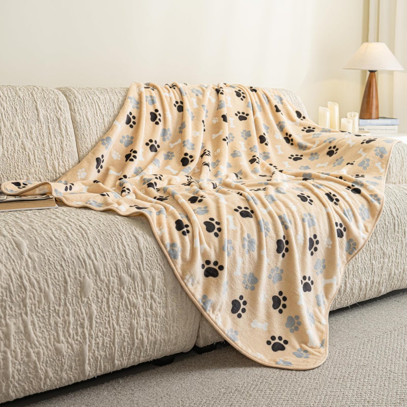 AIWEK Dog Blanket Paw Bone Pattern 1 Pack 2 Super Soft Warm Flannel Sofa Cover Car Bed Protector, Urine Proof Washable Outdoor Pet Blanket for Puppy Large Dogs & Cats,40"*30" Beige - Image 2