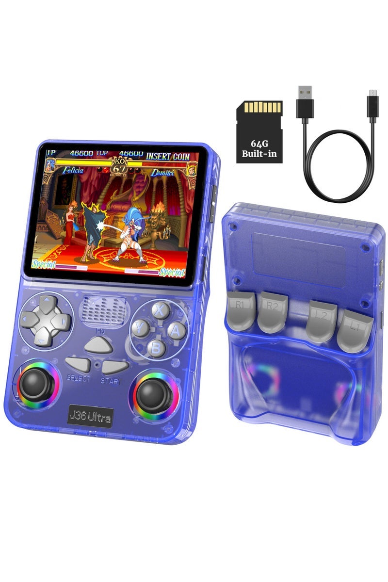 TIGER J36 Ultra Game Console 3.5 Inch Portable Retro Game Console Built-in 20000+ Games With 64GB Memory Card Video Games Console 20+ Supported Simulator Platform 3000mAh Battery IPS Screen Toys And Games For Kids And Adults Transparent Purple - Image 1