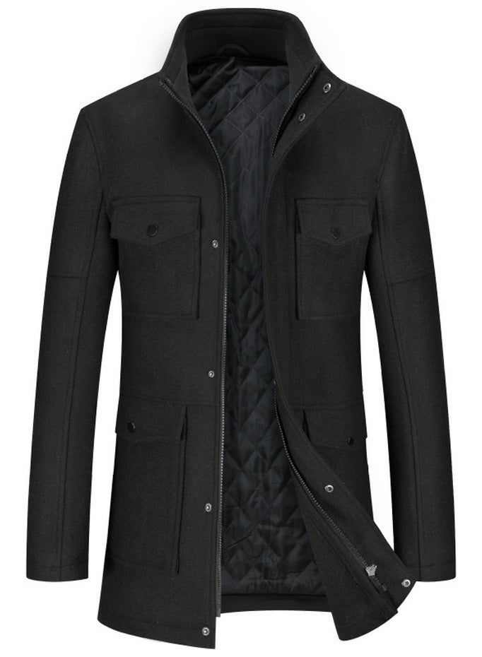 Loquat Men's Double Collar Wool Blend Coat Winter Thick Trench Jacket Black  - Image 1