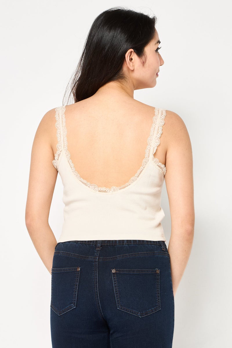 FOREVER 21 تي شيرت نسائي بدون أكمام بتصميم U، مضلع، بيج - Image 4