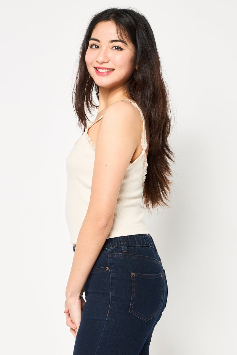 FOREVER 21 تي شيرت نسائي بدون أكمام بتصميم U، مضلع، بيج - Image 3