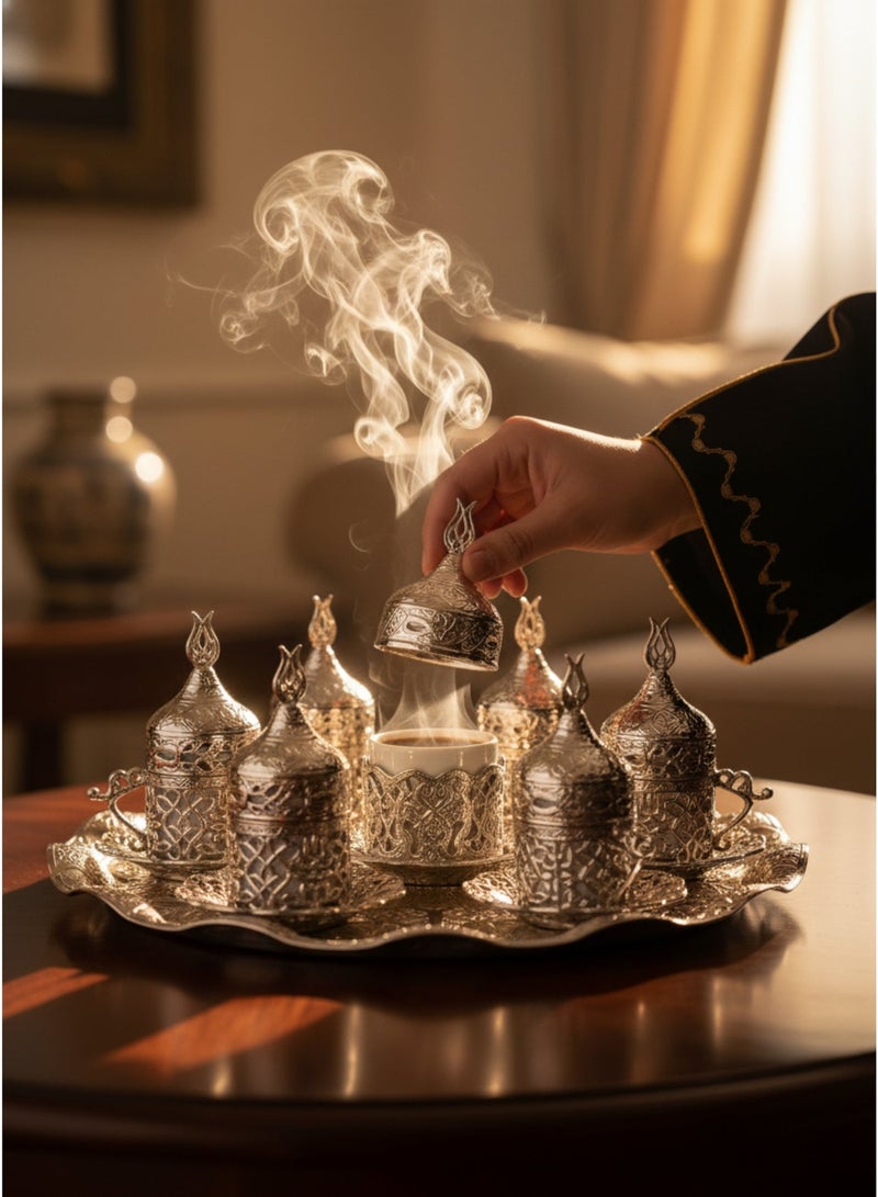 Acar Turkish Greek Arabic Coffee Serving Set for Six – Includes porcelain Cups, zamac Saucers, Cup Holders, Lids, Sugar Bowl with Lid, and Copper Tray – Antique Silver Finish, Crafted in Türkiye - Image 1