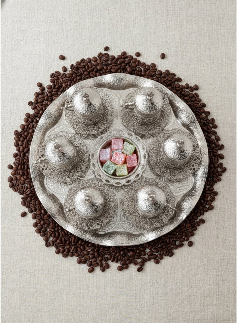 Acar Turkish Greek Arabic Coffee Serving Set for Six – Includes porcelain Cups, zamac Saucers, Cup Holders, Lids, Sugar Bowl with Lid, and Copper Tray – Antique Silver Finish, Crafted in Türkiye - Image 5