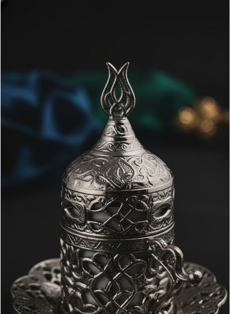 Acar Turkish Greek Arabic Coffee Serving Set for Six – Includes porcelain Cups, zamac Saucers, Cup Holders, Lids, Sugar Bowl with Lid, and Copper Tray – Antique Silver Finish, Crafted in Türkiye - Image 2