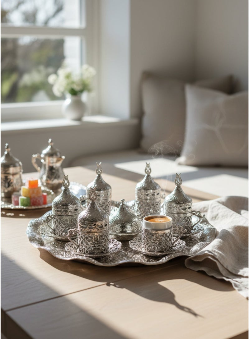 Acar Turkish Greek Arabic Coffee Serving Set for Six – Includes porcelain Cups, zamac Saucers, Cup Holders, Lids, Sugar Bowl with Lid, and Copper Tray – Antique Silver Finish, Crafted in Türkiye - Image 3