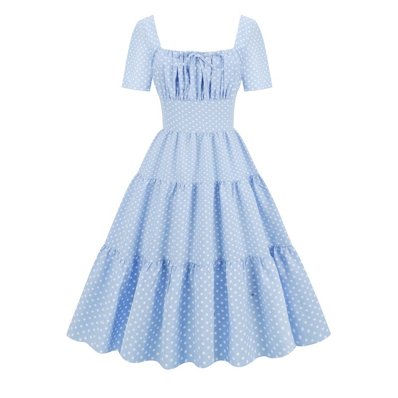 European American Retro Polka Dot Short Sleeve High Waist A-line Midi Dress - Image 1