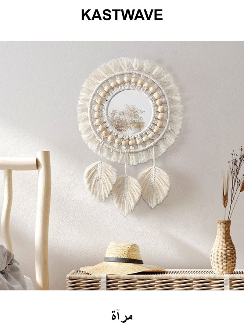 KASTWAVE Hanging Wall Mirror, Boho Macrame Fringe Round Decorative Mirror with Wood Beads Feather Pendant, Art Ornament for Apartment Home Bedroom Living Room Decoration and Gift (Ivory) - Image 1