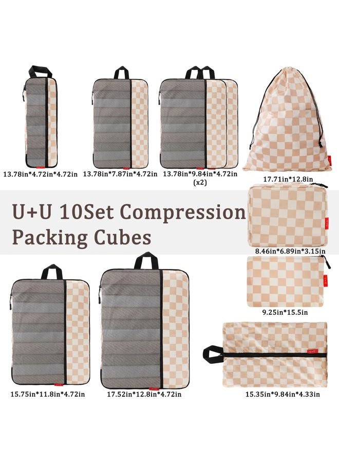 U+U 4Set/6Set/8Set/10Set Compression Packing Cubes - Ultralight Travel Organizers, Space-Saving Suitcase Organizer for Travel, Business Trip and Family Vacation, Khaki Checkered, 10 Set, 10 Set - Image 3