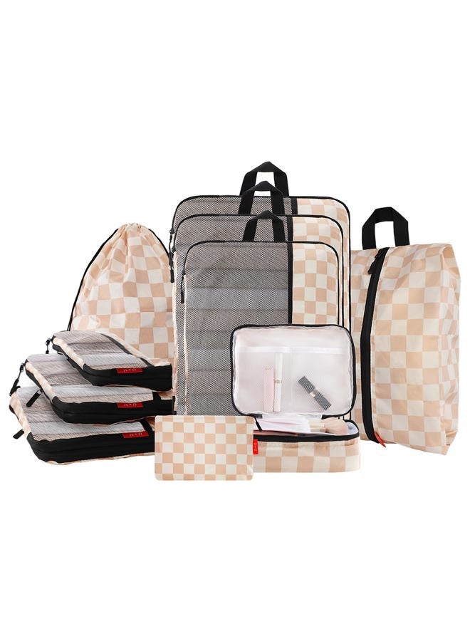 U+U 4Set/6Set/8Set/10Set Compression Packing Cubes - Ultralight Travel Organizers, Space-Saving Suitcase Organizer for Travel, Business Trip and Family Vacation, Khaki Checkered, 10 Set, 10 Set - Image 1