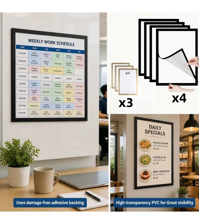 7pcs A4 Magnetic Self Adhesive Photo Frames New Champagne Golden 12 8x9 37 Inches Portable Wall Mounted Plastic Document Display For Photos Magnetic Whiteboards Minimalist Decor No Screws Installation Required - Image 2