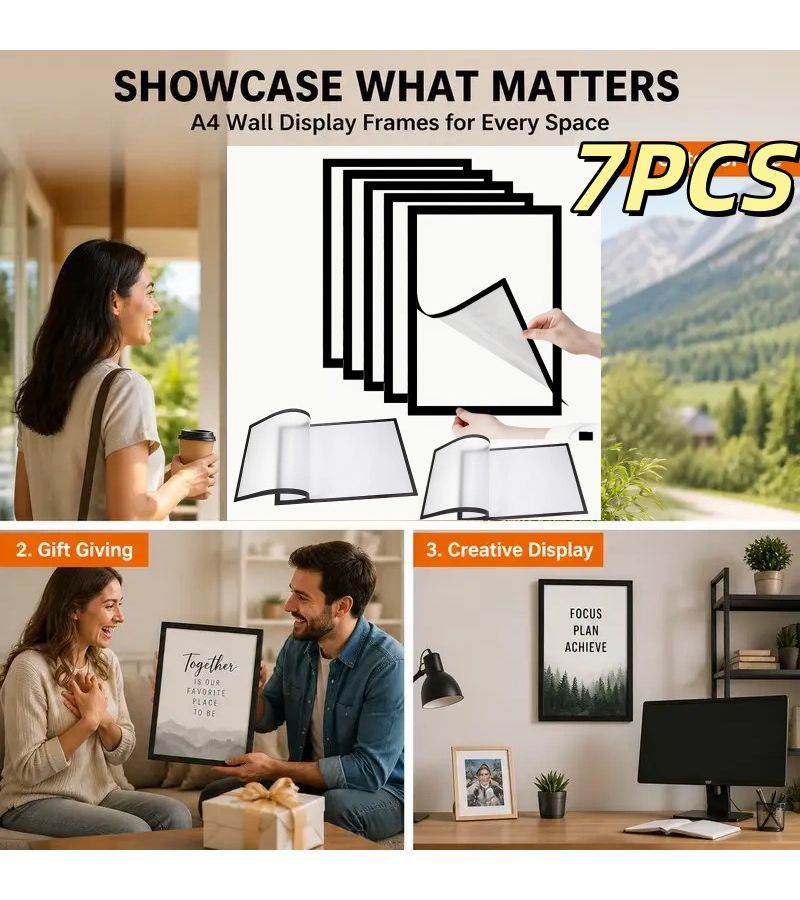 7pcs A4 Magnetic Self Adhesive Photo Frames New Champagne Golden 12 8x9 37 Inches Portable Wall Mounted Plastic Document Display For Photos Magnetic Whiteboards Minimalist Decor No Screws Installation Required - Image 3