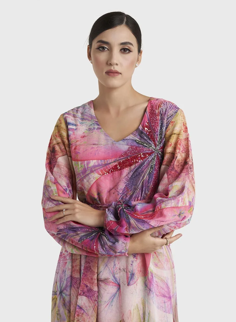 Kashkha  Multicolour Abstract Printed Chiffon Maxi Dress (VDM922) for Women | Best Price UAE