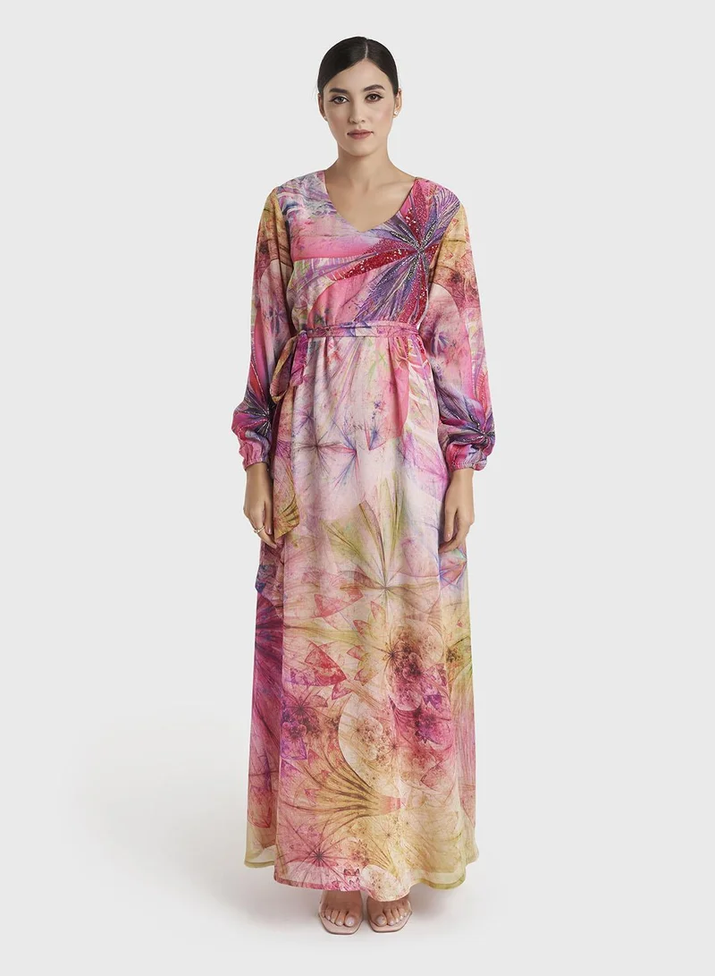 Multicolour Abstract Printed Chiffon Maxi Dress (VDM922)