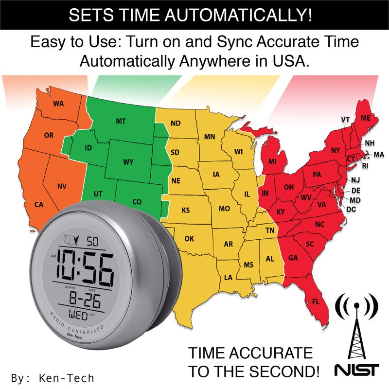KEN-TECH T-4660 Water Resistant Suction Cup Atomic Clock, Silver - Image 4