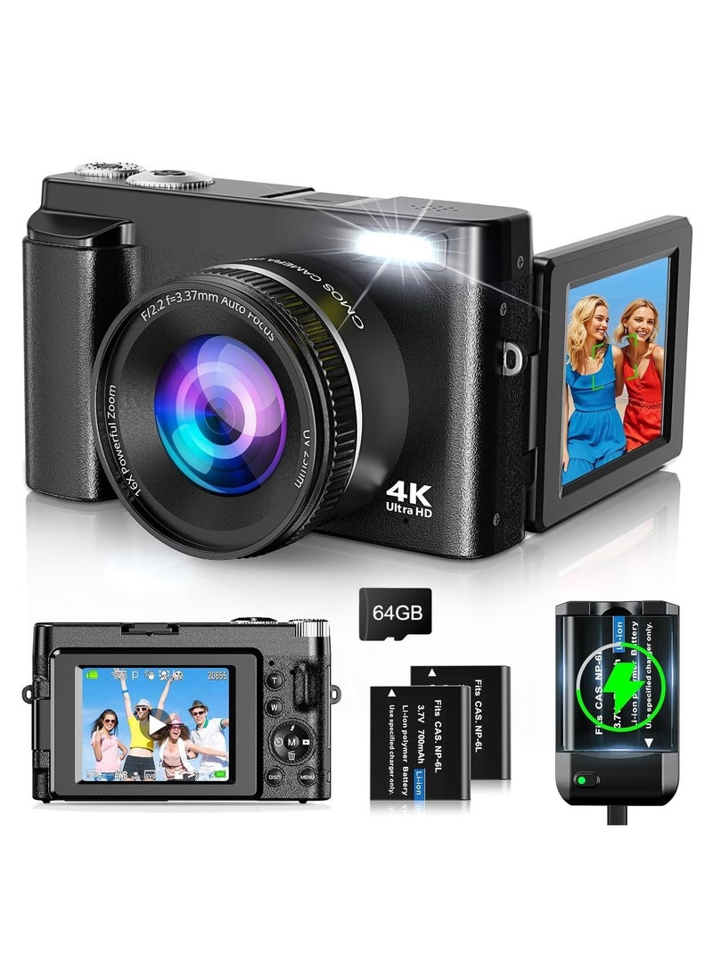 Lecran 4K 48MP Digital Camera with Flip Screen, 16X Zoom, Autofocus Compact Vlogging Camera for Photography & Video, Includes SD Card and 2 Batteries - Black - Image 1