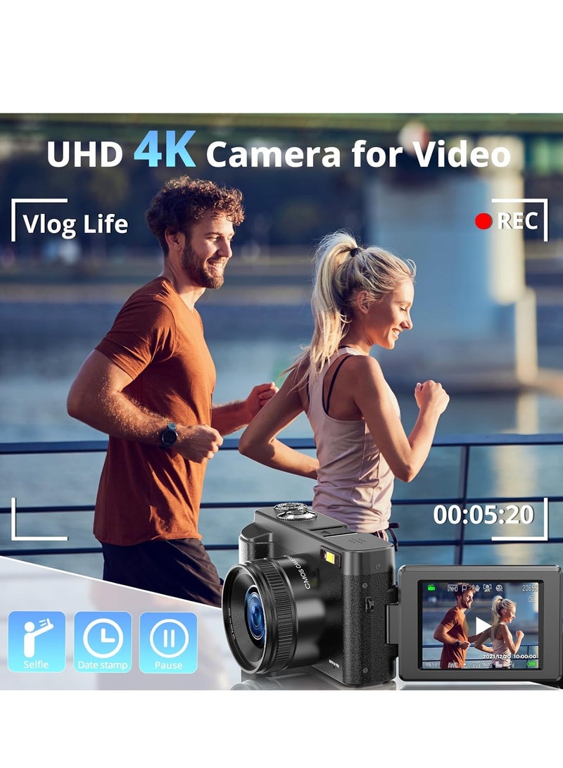 Lecran 4K 48MP Digital Camera with Flip Screen, 16X Zoom, Autofocus Compact Vlogging Camera for Photography & Video, Includes SD Card and 2 Batteries - Black - Image 3