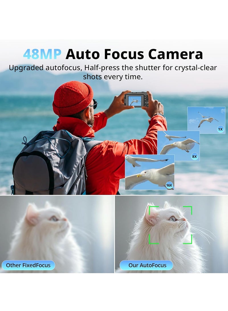 Lecran 4K 48MP Digital Camera with Flip Screen, 16X Zoom, Autofocus Compact Vlogging Camera for Photography & Video, Includes SD Card and 2 Batteries - Black - Image 4