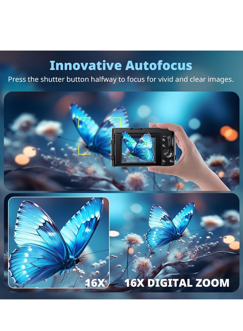 Lecran 4K 48MP Digital Camera with Flip Screen, 16X Zoom, Autofocus Compact Vlogging Camera for Photography & Video, Includes SD Card and 2 Batteries - Black - Image 5