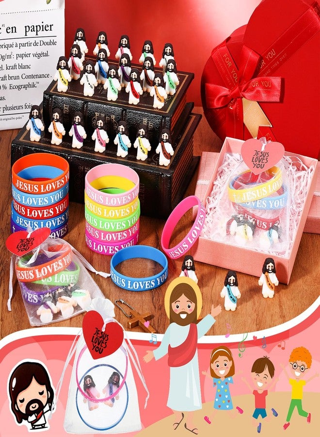 Bememo 150 Pcs Jesus Toys 50 Jesus Loves You Rubber Bracelets 50 Mini Jesus Figures 50 Organza Bag and Card Jesus Wristbands Bracelets for Sunday School Church Hide Game Religious Gift - Image 3