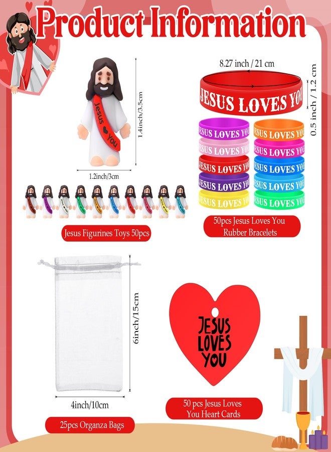 Bememo 150 Pcs Jesus Toys 50 Jesus Loves You Rubber Bracelets 50 Mini Jesus Figures 50 Organza Bag and Card Jesus Wristbands Bracelets for Sunday School Church Hide Game Religious Gift - Image 2