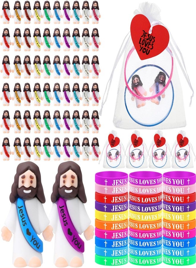Bememo 150 Pcs Jesus Toys 50 Jesus Loves You Rubber Bracelets 50 Mini Jesus Figures 50 Organza Bag and Card Jesus Wristbands Bracelets for Sunday School Church Hide Game Religious Gift - Image 1