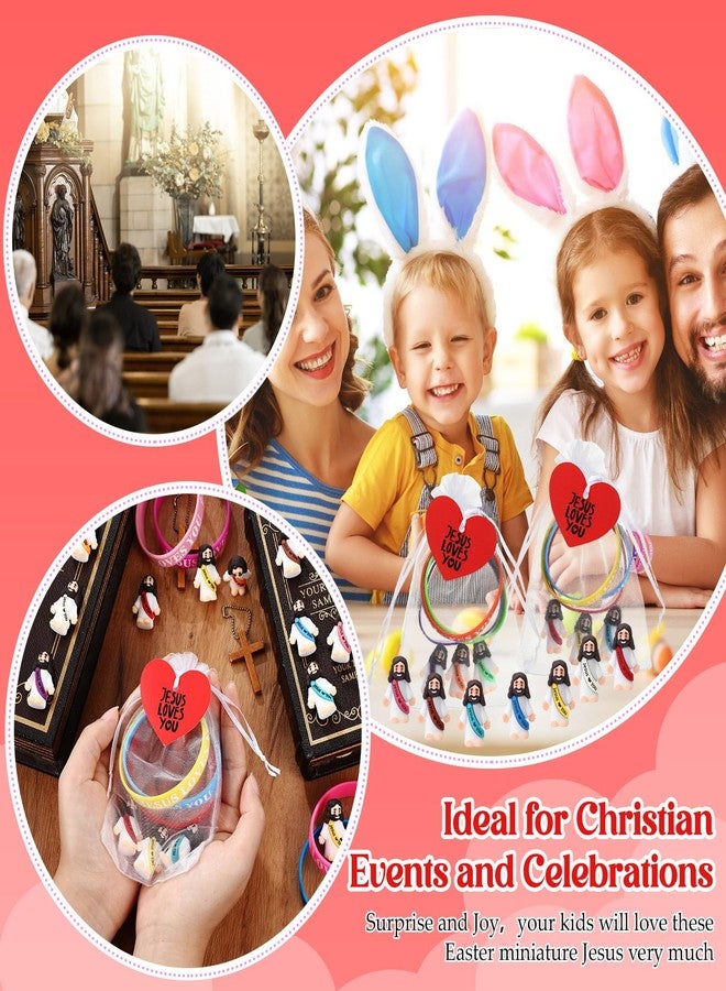 Bememo 150 Pcs Jesus Toys 50 Jesus Loves You Rubber Bracelets 50 Mini Jesus Figures 50 Organza Bag and Card Jesus Wristbands Bracelets for Sunday School Church Hide Game Religious Gift - Image 5