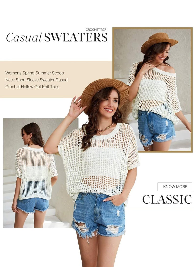 Dokotoo Womens 2026 Summer Crochet Hollow Out Short Sleeve Sweaters Tops Spring Off Shoulder Pullover Shirt Lightweight Knit Sweater Blouse Bathing Suit for Women White Large - Image 3