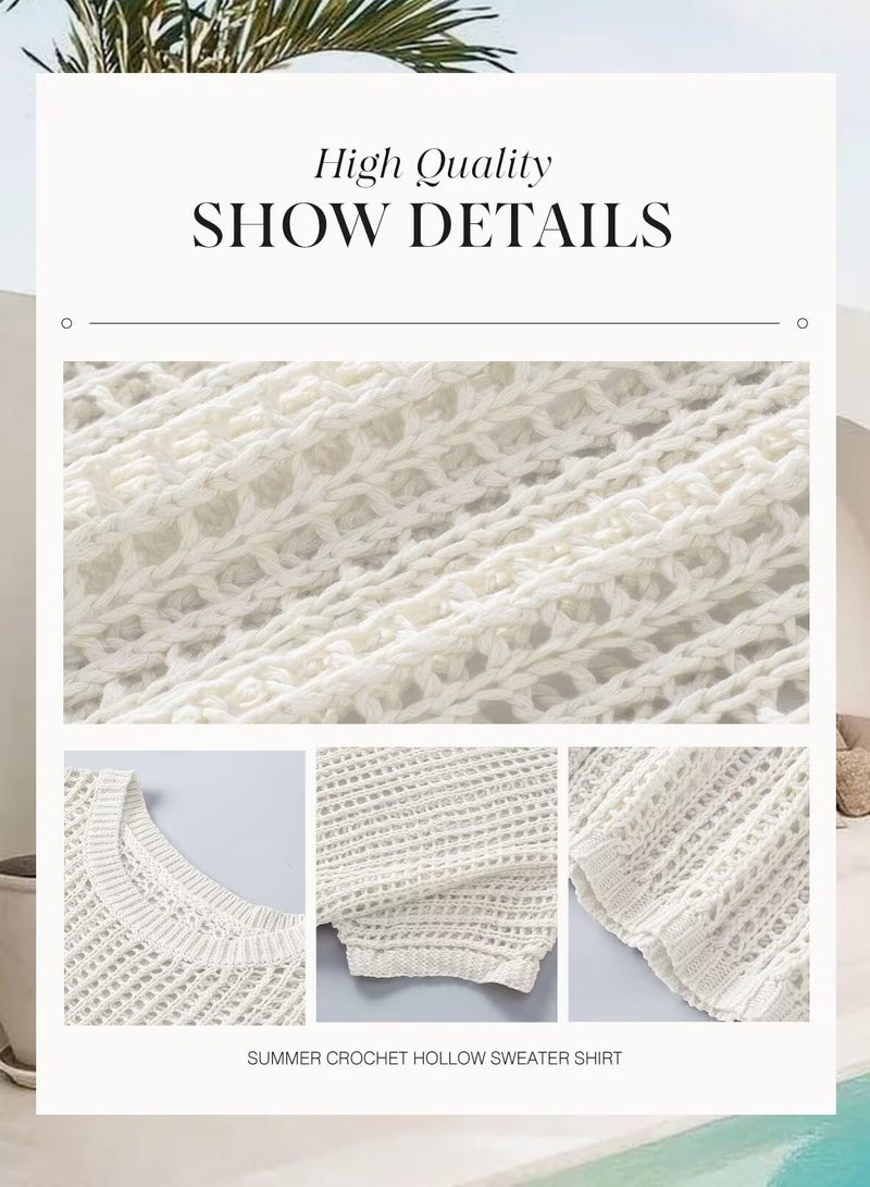 Dokotoo Womens 2026 Summer Crochet Hollow Out Short Sleeve Sweaters Tops Spring Off Shoulder Pullover Shirt Lightweight Knit Sweater Blouse Bathing Suit for Women White Large - Image 4