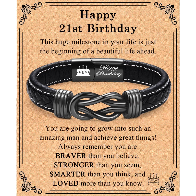 FIEEFX 21st Birthday Gifts for Him 21 Year Old Birthday Gifts for Him Cool 21st Birthday Leather Bracelet Gifts Ideas for 21 Year Old Male Boyfriend Son Brother Grandson Nephew Friend - Image 1