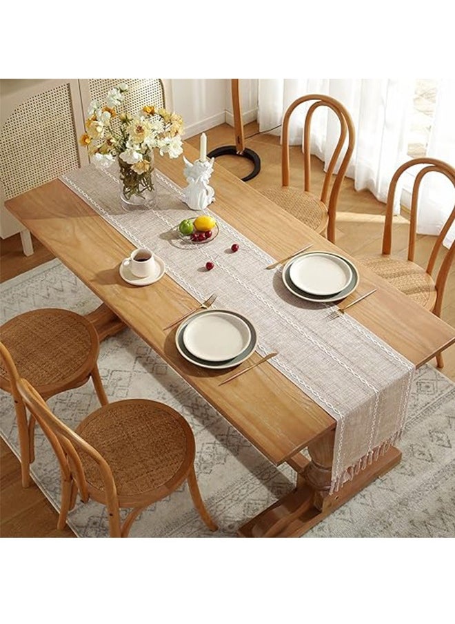 Ocean Farmhouse Table Runner Boho Style Linen 73 Inch Long, Handmade Embroidery Table Runner with Tassels for Holiday Party Dining Room Kitchen,Long Dresser Scarf,Khaki  - Image 2
