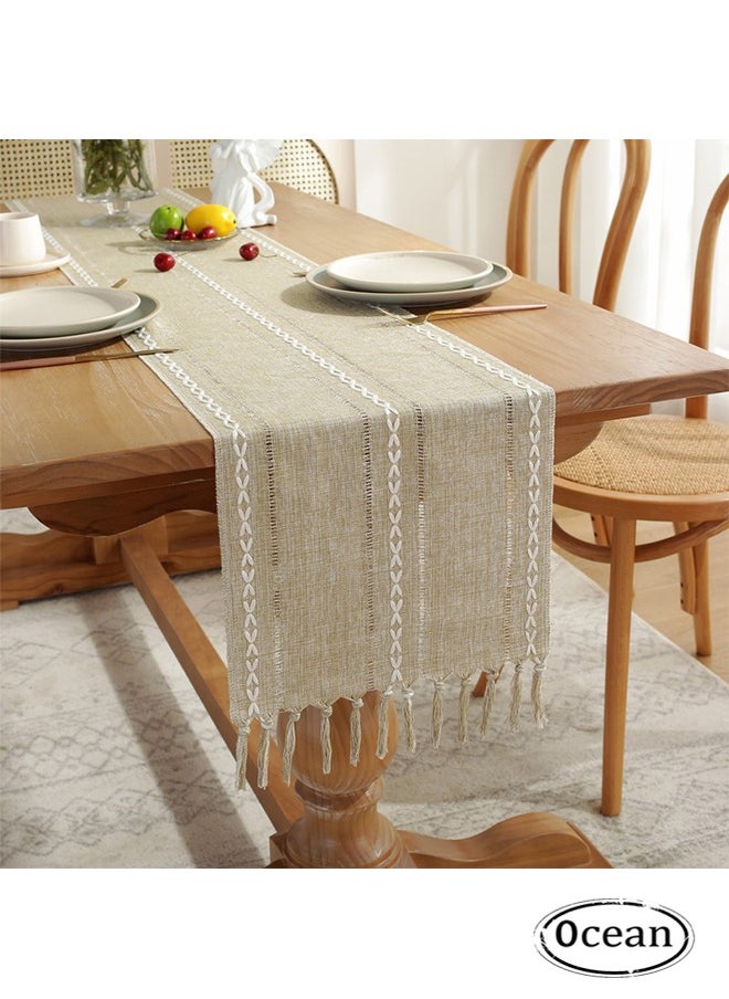 Ocean Farmhouse Table Runner Boho Style Linen 73 Inch Long, Handmade Embroidery Table Runner with Tassels for Holiday Party Dining Room Kitchen,Long Dresser Scarf,Khaki  - Image 1