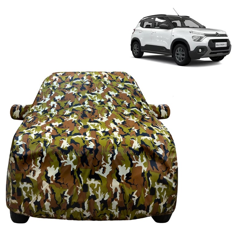 VYAS 100% Waterproof Car Body Cover for Citroen Basalt (2025) with Mirror Pocket Triple Stitched Belt & Buckle Fitting Dual Elastic, Durable Material Jungle Print Camouflage Design - Image 1
