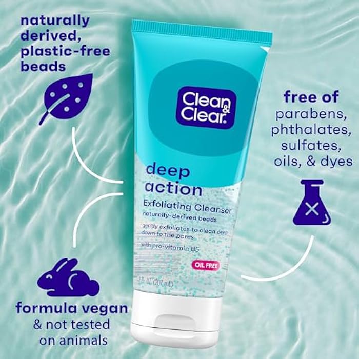 Clean & Clear Deep Action Exfoliating Facial Cleanser, Scrub & Face Wash, Pro-Vitamin B5, Lactic & Glycolic Acids, Oil-Free Gentle Daily Exfoliator for Soft, Smooth, Hydrated Skin, Vegan, 7 Fl Oz Tube - Image 3
