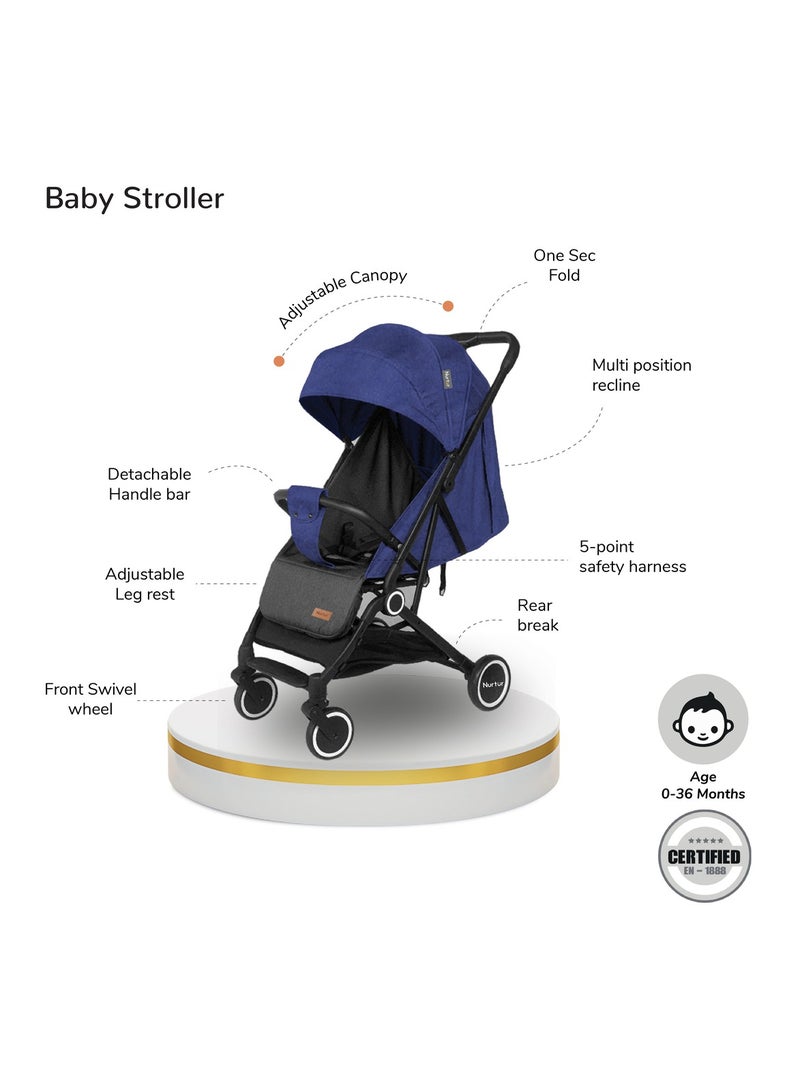 Nurtur Baby Stroller  Storage Basket One -hand fold design 5 Point Safety Harness EVA wheels Dark Blue - Image 2