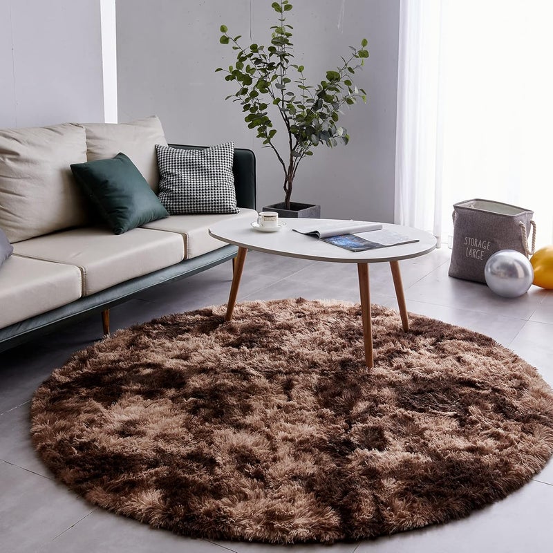 FJZFING Tie-Dyed Coffee Round Rug Ultra-Soft Plush Modern 6x6 Circle Area Rug for Kid's Bedroom, Fluffy Shag Circular Rug for Nursery Room, Non-Slip Home Decor Carpet for Teen's Room - Image 2