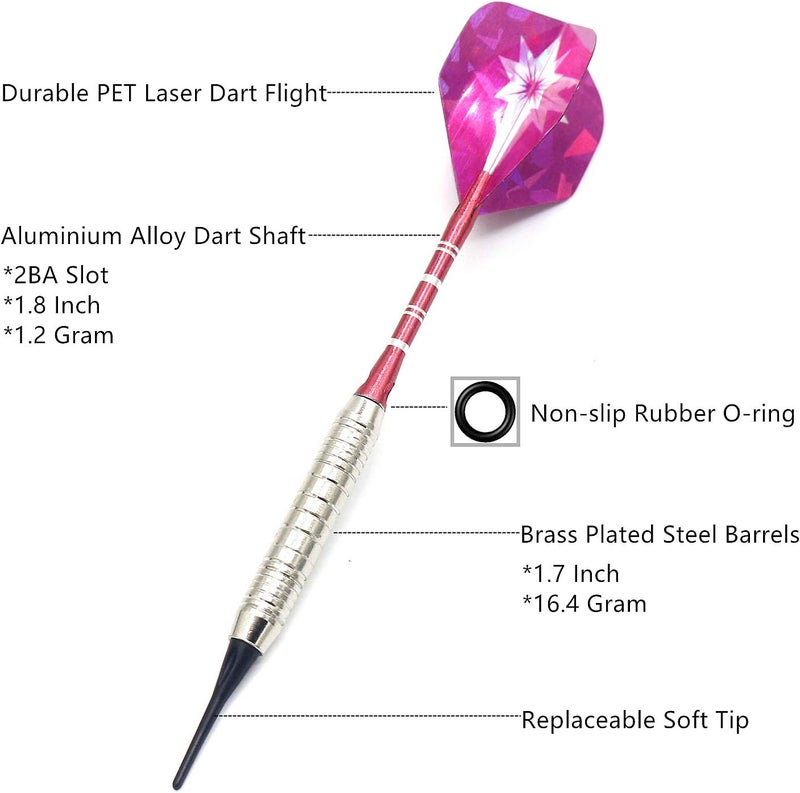 ROOBEEO Soft Tip Darts Set for Electronic Dart Board 18/22g Plastic Tip Darts Set with Brass Barrels&Aluminum Shafts, 6 Flights 3 Spare Plastic Dart Shaft 20 Soft Tips Portable Case - Image 2
