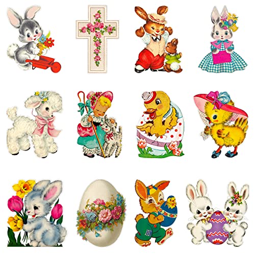 A1diee 12Pcs Vintage Easter Cutouts Decorations Retro Easter Victorian Ephemera Paper Cut Craft Bunny Lamb Chick Egg Duckling Cross Large Artwork Cardboard with Glue Point for Home Wall Window Decor - Image 1