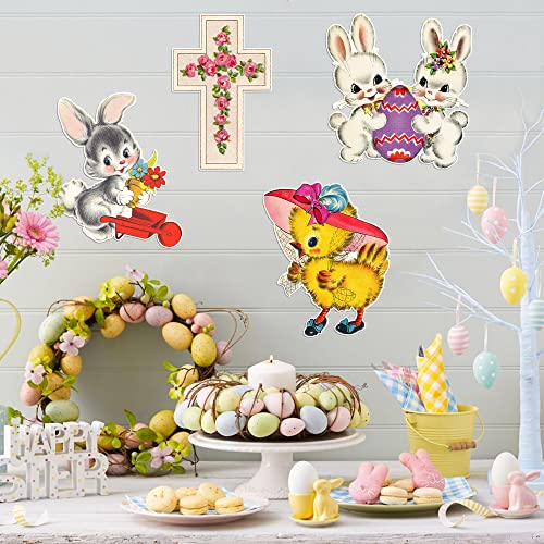 A1diee 12Pcs Vintage Easter Cutouts Decorations Retro Easter Victorian Ephemera Paper Cut Craft Bunny Lamb Chick Egg Duckling Cross Large Artwork Cardboard with Glue Point for Home Wall Window Decor - Image 4