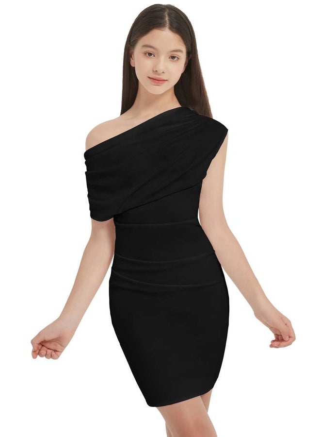 EXARUS Girls Bodycon Dress Ruched Teen Mini Cowl Neck/Spaghetti Strap/One Shoulder Tight Dresses Homecoming Formal Party, Black-one Shoulder, 8 Years - Image 1