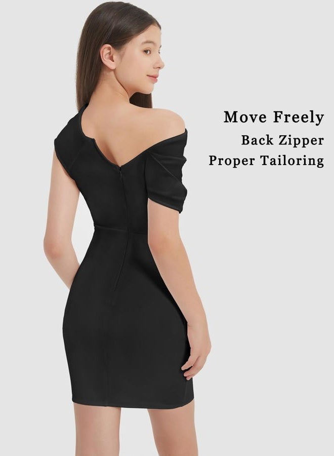 EXARUS Girls Bodycon Dress Ruched Teen Mini Cowl Neck/Spaghetti Strap/One Shoulder Tight Dresses Homecoming Formal Party, Black-one Shoulder, 8 Years - Image 4