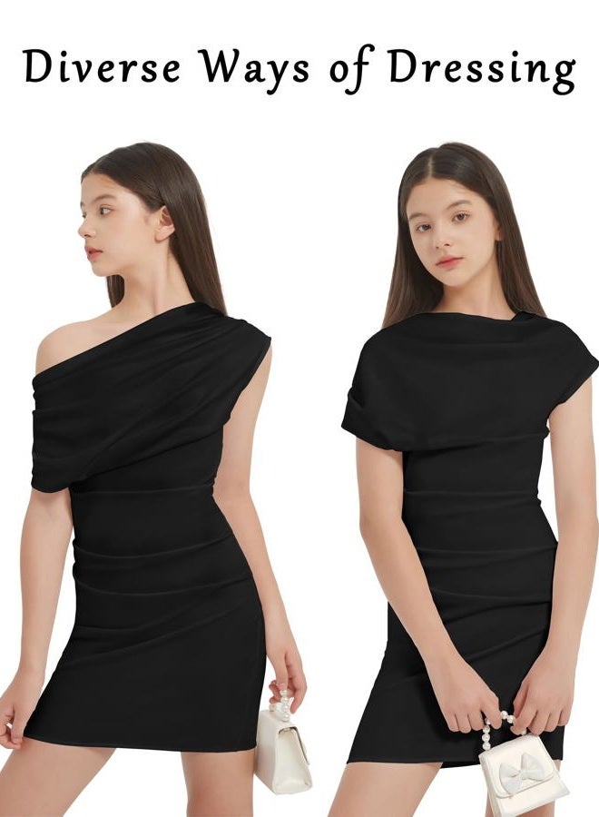 EXARUS Girls Bodycon Dress Ruched Teen Mini Cowl Neck/Spaghetti Strap/One Shoulder Tight Dresses Homecoming Formal Party, Black-one Shoulder, 8 Years - Image 3